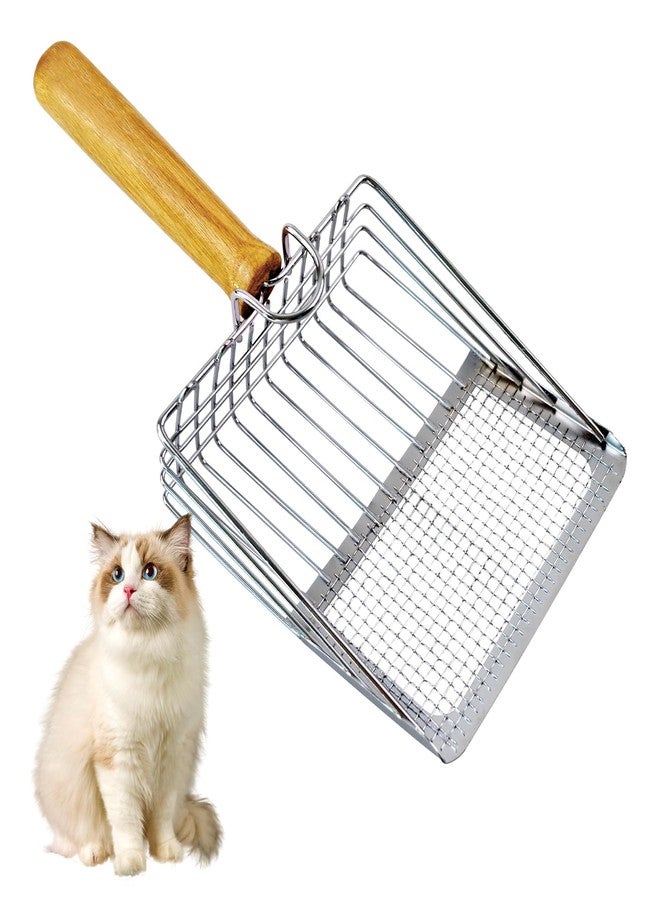 MUYG Stainless Steel Cat Litter Scoop,Cat Litter Scooper with Solid Wooden Handle,Kitty Metal Scooper & Speed Sifter Deep Shovel Scoop Filter,Kitten Pooper Lifter for Litter Box - Image 1